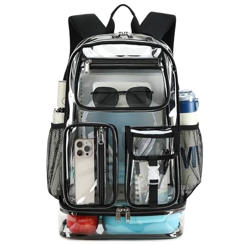 Clear Backpack Heavy Duty for Sport Events,16in TPU BookBag with Lunch box | See Through Stitch durable plastic Multi-Pocket Design For School Adults work Warehouses Airport security,Quick check bag - color: Upgrad Black-xl