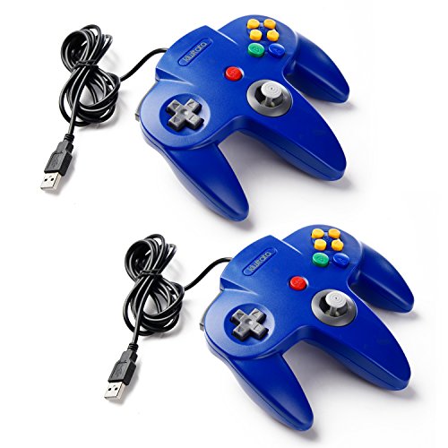 KIWITATA 2 Pack N64 USB Controller for PC Games, Classic N64 Wired Bit Emulator Gaming Pad Joystick Controller for Windows XP/7/8/10 & Mac & RetroPie Blue - color: Blue