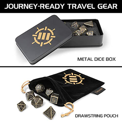 ENHANCE DND Metal Dice Set - 7pc Polyhedral Dice with Storage Case and Drawstring Bag - Solid Metal Set for Dungeons and Dragons, Pathfinder, More RPGs (Ancient Bronze) - color: Ancient Bronze