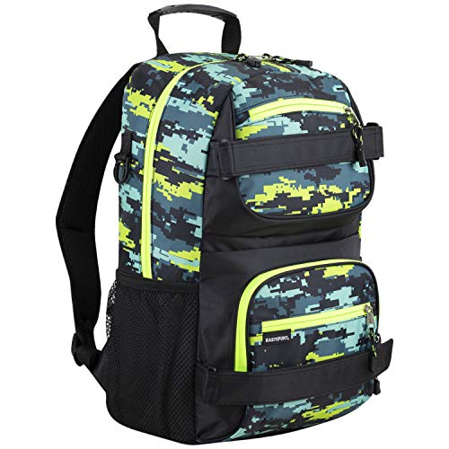 Eastsport Travel Skateboard Backpack Double Strap Laptop Bag Multi-Sport Design for Men and Women, Neon Yellow Blue Static Camo Black - color: Neon Yellow/Blue Static Camo/Black