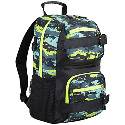 Eastsport Travel Skateboard Backpack Double Strap Laptop Bag Multi-Sport Design for Men and Women, Neon Yellow Blue Static Camo Black - color: Neon Yellow/Blue Static Camo/Black