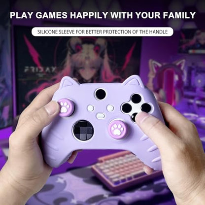 Purple Cute Cat Anti-Slip Protective Silicone Cover Skin Grips Compatible with Xbox Series X/S Controller with Stickers and 2 Thumb Paw Grip Caps Cat Paw Caps – Shockproof Dustproof
