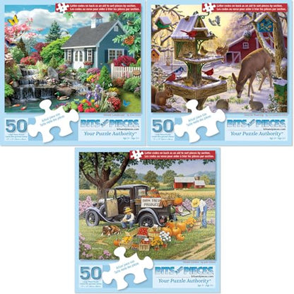Bits and Pieces – Value Set of Three 50 Piece Jigsaw Puzzles for Adults – Dream Landscape, Home Grown, Sunrise Feasting Jigsaw Puzzles, Completed Puzzle Size: 15" x 19" - size: 50 Piece Puzzle