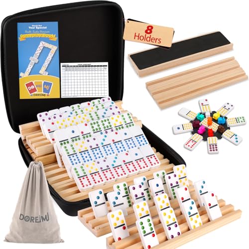 Doreimi Mexican Train Dominoes Set with 8 Wooden Holders, Double 12 Colored Dot Dominoes with Update Hub, Travel Domino Train Game with 91 Tiles and Portable Carry Case, Family Board Team Games - style: Dot+8 Racks+Black Hub