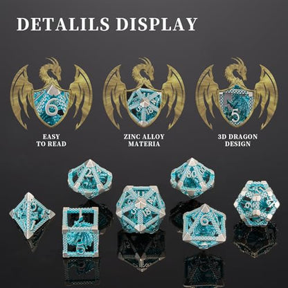 D&D Hollow Metal Blue White Dragons Polyhedral Dice Set,Dungeons and Dragons Gifts Dice for RPG and Tabletop Games(Blue White Dragon) - color: Blue White Dragon