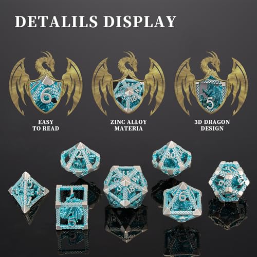 3D Hollow Dragon Dice Set, 7-Piece Metal DND Dice, Blue White | Lightweight copper hollow polyhedral dice with clear numbers,gift box and velvet bag for DND players and collectors. - color: Blue White Dragon