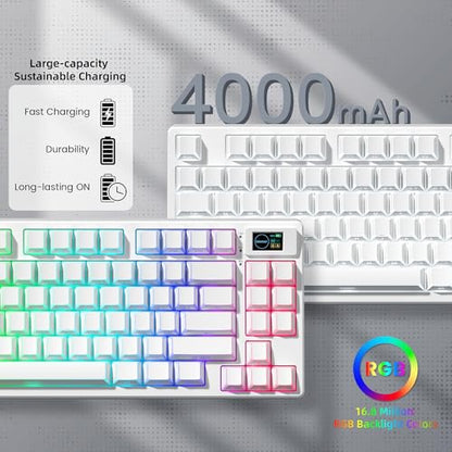 Womier 75% Wireless Mechanical Keyboard with Color Multimedia Screen | PC Gaming Keyboard, 3-Modes Hot Swappable Shine Through Manga Keyboard w/Wrist Rest, Gasket RGB Custom for Mac/Win (SK80 PRO） - color: White-1