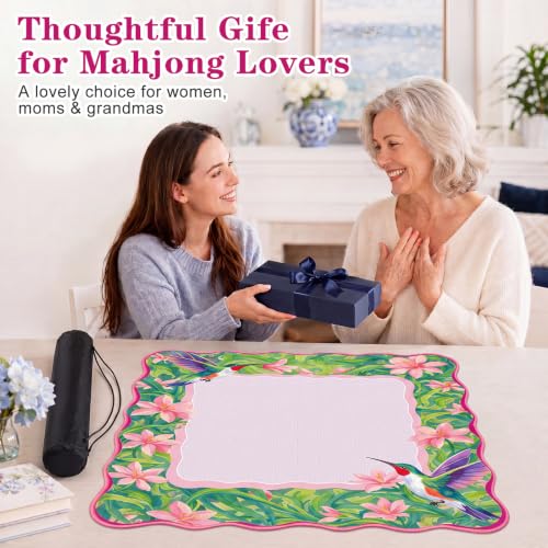 Junkin Pink Hummingbird Mahjong Mat 32.3"x32.3" Chinoiserie Mahjong Mat with Pink Scalloped Edge Carry Bag Non-Slip, Game Table Pad, for Card Board Tile Games Gifts for Women Mom - style: Pink Hummingbird