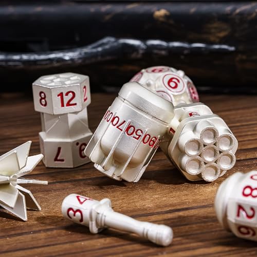 UDIXI RPG Metal Dice Set D&D, 7-Pieces Polyhedral Metal DND Dice Set Silver | Bomb Shape, Red Numbers, Solid Metal, Cool Design, Leather Pouch Pakaging, for Dungeons and Dragons Role Playing Games - color: Silver Red