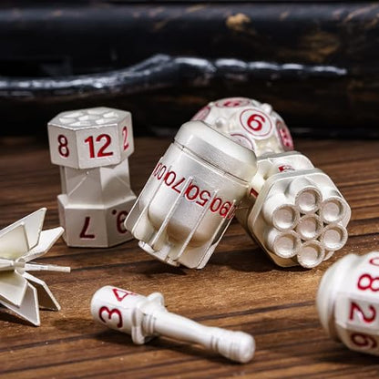 UDIXI RPG Metal Dice Set D&D, 7-Pieces Polyhedral Metal DND Dice Set Silver | Bomb Shape, Red Numbers, Solid Metal, Cool Design, Leather Pouch Pakaging, for Dungeons and Dragons Role Playing Games - color: Silver Red