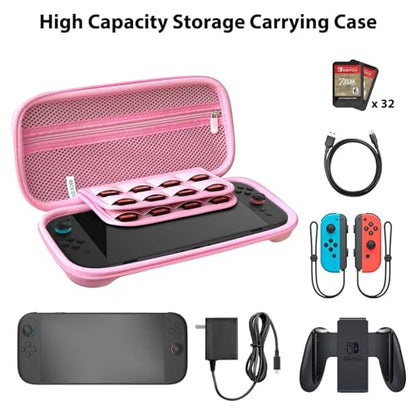 RAVEtone Travel Carrying Case Compatible with Nintendo Switch 2 Model 2025, Large Capacity Premium EVA Portable Hard Shell Pouch Waterproof Game Bag with 32 Game Cartridge Accessories (Pink) - color: Pink, style: Large