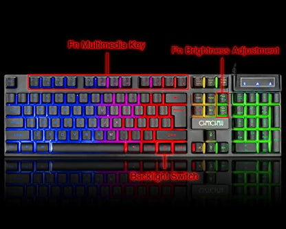 Keyboard and Mouse Gaming LED Wired Combo with Emitting Character Keyboard 4800DPI 2 Side Button USB Mouse Rainbow Backlit Mechanical Feeling Compatible with PC Raspberry Pi Mac Xbox one ps4 - color: 910b
