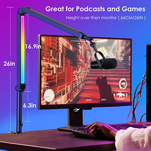 RGB Mic Boom Arm for Fifine, HyperX QuadCast 1/2 / QuadCast S/SoloCast, Shure SM7B / MV7, Blue Yeti, Rode, Shure, Razer, Gaming Mic and Most Microphones using 3/8" to 5/8" Adapter