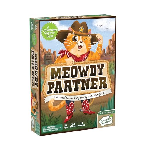 Peaceable Kingdom Meowdy Partner Cooperative Matching Game | A cooperative game where players team up to win together. Includes 27 cowboy cat cards and 1 scratching post. Ages 3+.