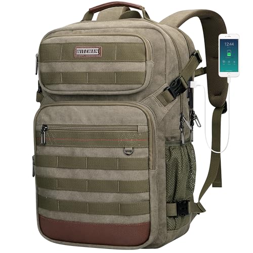 WITZMAN Canvas Travel Backpack for Men Multiple Pockets | Fits 16 inch Laptop Backpack, Carry-on Luggage Bag USB Charging Port Airline Approved, For Travel, Daily, A8025 Army Green - color: Army Green