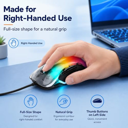 MANHATTAN RGB LED Wired USB Mouse, 12800 DPI, 5 Buttons, Braided | Transparent right-hand USB-A controller with dpi indicator LEDs, quiet wheel and browser thumb keys for PC or laptop