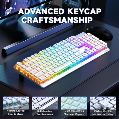 Free wolf M104 Wireless Gaming Keyboard with Numeric Keypad Tri-Mode(2.4Ghz/Wired/Bluetooth) Membrane Full Size Mechanical Feel Metal Panel RGB 4000MAH Rechargeable Quiet for PC/MAC/Win Gamer-White - color: White