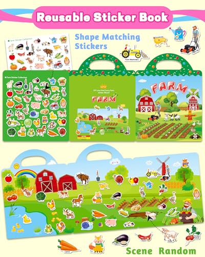 Walenced Reusable Sticker Book for Toddlers, Travel Stickers for Kids, Toddler Craft Activities Toys, Birthday Gifts for Boys & Girls - style: Farms