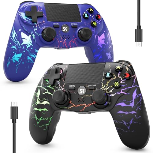 ISHAKO 2 Pack Controller for PS4, Wireless Controller for PS4/Pro/Slim/PC/Mac, Gaming Controller with RGB Lighting, 1000mAh Battery, Double Vibration, 6-Axis Motion Control (Purple&Black, 2Pack) - color: Purple&Black