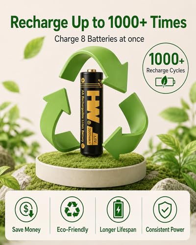 HW Rechargeable AA Batteries with AA/AAA Charger, [1.5V, 8-Pack] 3500mWh Double A Lithium Battery Charger High Capacity, Cargador de Baterias for Toys, Keyboards, Doorbell, Remote Controls, etc.