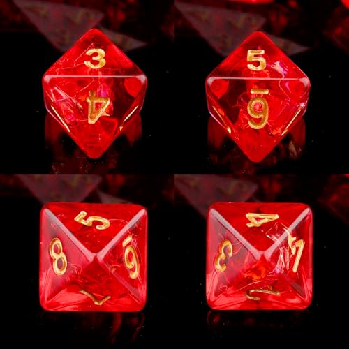 Haxtec Red DND Dice Set 7PCS Filled Resin Polyhedral D&D Dice W/Iridescent Mylar Inclusion Role Playing Dice with Dice Bag Compatible with Dungeons and Dragons Gift - color: Red Gold
