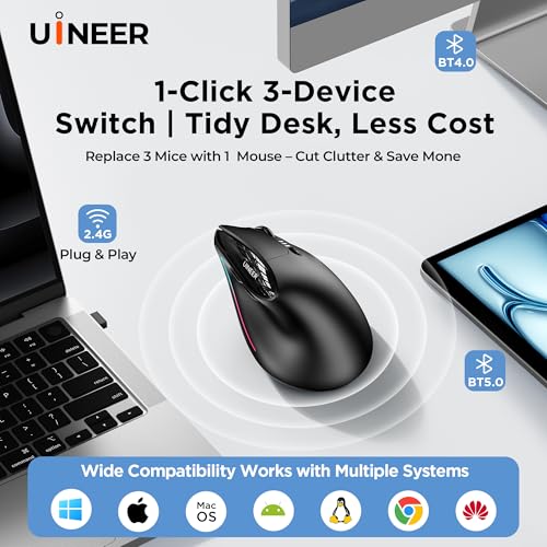 Uineer Vertical Ergonomic Mouse, Wireless Bluetooth Mouse, 3-Device | Switch among 3 devices via dual Bluetooth and 2.4G; rechargeable with 7-color ambient lighting.
