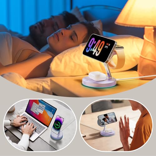 【Adjustable Blue Ambient Light】 Wireless Charger 3 in 1 for iPhone, Magnetic Charging Station for Apple Family,15W Fast MagSafe Charger Stand,for iPhone17-12-iWatch AirPods Series - color: Purple