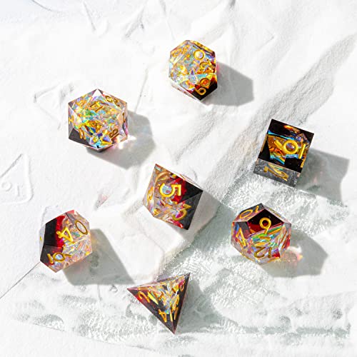 Sharp Edge DND Dice Set Handmade 7 Accessories Dice for Dungeons and Dragons TTRPG Games, Multi-Sided RPG Polyhedral Resin Sharp Edge Dice Roleplaying Games (Sequin Red) - color: Sequin Red