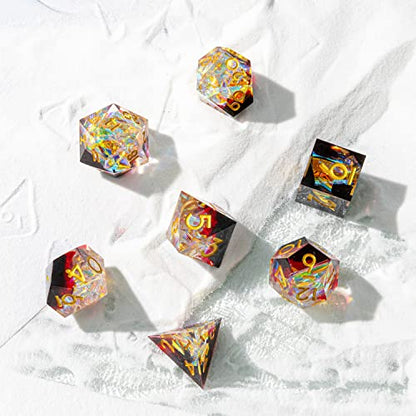 Sharp Edge DND Dice Set Handmade 7 Accessories Dice for Dungeons and Dragons TTRPG Games, Multi-Sided RPG Polyhedral Resin Sharp Edge Dice Roleplaying Games (Sequin Red) - color: Sequin Red