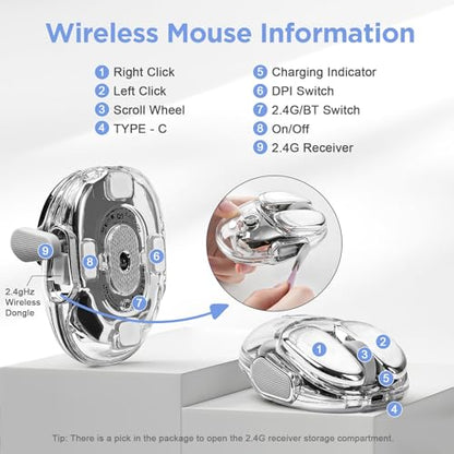 Q9 Wireless Mouse, 2.4G/BT Dual Mode, 4 Adjustable DPI (800-4800), Ultra-Quiet Click, Bluetooth Mouse with RGB Breathing Light, 500mAh Long Battery, Portable for PC/Laptop/Mac/Tablet(Silver) - color: Silver