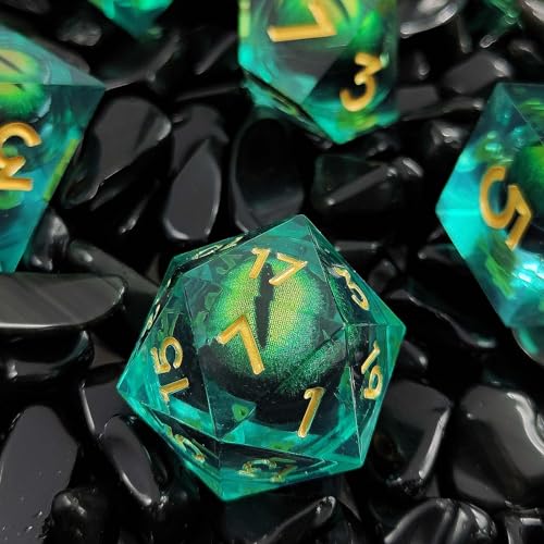 Dragon Eye DND Dice Set, 7 Pcs Liquid Core Resin Sharp Edged Polyhedral D&D Dice for Dungeons and Dragons RPG Role Playing Table Games