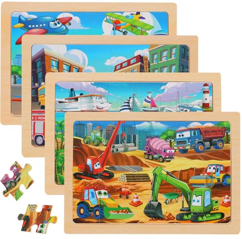 Puzzles for Kids Ages 4-6, 4-Pack 24-Piece Wooden Kids Puzzles | Construction Vehicle Themes | Educational Puzzles for Kids Ages 3-5, Age-Appropriate Learning Toys, Ages 3+ - color: Vehicles