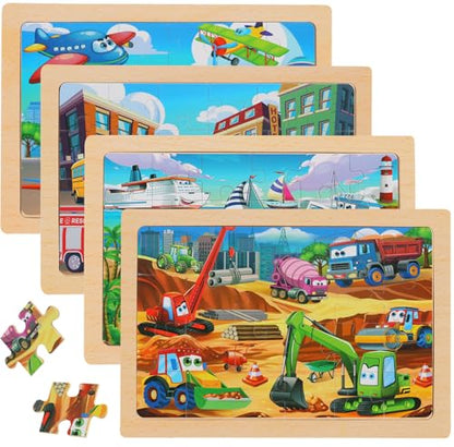 Puzzles for Kids Ages 4-6, 4-Pack 24-Piece Wooden Kids Puzzles | Construction Vehicle Themes | Educational Puzzles for Kids Ages 3-5, Age-Appropriate Learning Toys, Ages 3+ - color: Vehicles