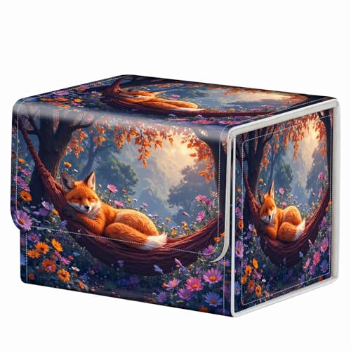 Strong Magnet for TCG MTG Commander Deck Box Playing Card Case Magic Deck Box Creative Pattern Trading Card Storage Box for Collectible Games, Blue Yellow Flowers And Cute Fox - color: Blue Yellow Flowers And Cute Fox