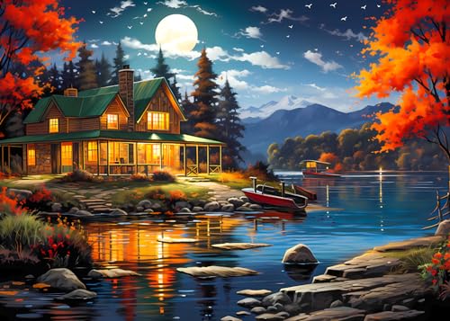 1000 Piece Puzzle for Adults - Moonlight Cabin Puzzles for Adults 1000 Pieces, Letters on Back, Cozy Lake View Jigsaw Puzzle, Challenging Puzzles for Teens Seniors - 27.6 x 19.7 inches - color: Moonlight Cabin