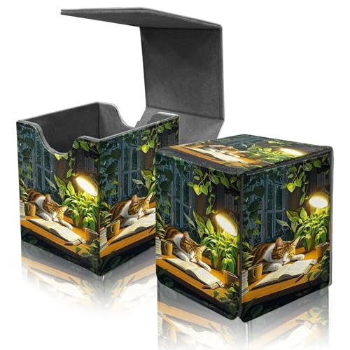 Card Deck Box for MTG Commander,Collectible Trading Storage Box Fits 120+ Single Sleeved Cards Magnetic Case PU Leather for Magic Commander TCG CCG MTG,Cat Book Plant - color: Cat Book Plant