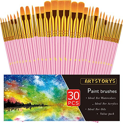 Paint Brushes Set, 30 Pcs Paint Brushes for Acrylic Painting, Oil Watercolor Acrylic Paint Brush, Artist Paintbrushes for Body Face Rock Canvas, Adult Drawing Arts Crafts Supplies, Pink - color: Nickel,pink