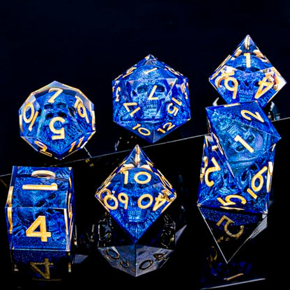 DND Skull Dice Set 7PCS Necromancer Polyhedral Dice for Dungeons Dragons RPG Role Playing Game, Resin Sharp Edged D and D Dice with Gift Box D6 D8 D10 D12 D20 (Golden Blue) - color: Blue&gold