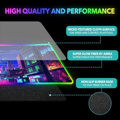 AIMSA RGB Gaming Mouse Pad, Large Mousepad with 14 Led Light Modes, Keyboard Pad Gaming Accessories for Desk, Non-Slip Rubber Base Mouse Mat for Gamer, Modern Urban Night Scene - color: Modern Urban Night Scene