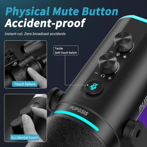 PUPGSIS Podcast Dynamic Microphone, XLR/USB Recording PC Microphones for Broadcast, Podcast, Recording, Gaming & Streaming, Studio Mic with Mute, Headphone Jack, Monitoring Volume Control, Windscreen - size: With Desk Stand