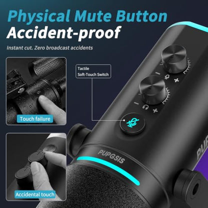 PUPGSIS Podcast Dynamic Microphone, XLR/USB Recording PC Microphones for Broadcast, Podcast, Recording, Gaming & Streaming, Studio Mic with Mute, Headphone Jack, Monitoring Volume Control, Windscreen - size: With Desk Stand