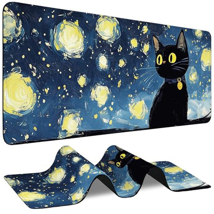 Large Gaming Mouse Pad Starry Night Cute Cat Extended Computer Keyboard Mousepad with Non-Slip Rubber Base Stitched Edge Waterproof Big Long Laptop Pad for Gamer Office Home 35.4"X 15.7" - color: Anime Neon Purple City