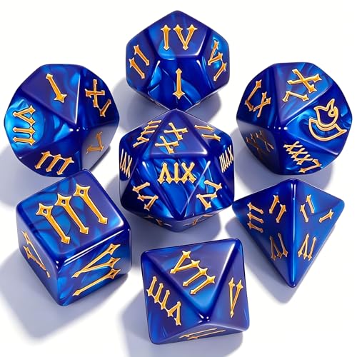 CiaraQ 7pcs Polyhedral Dice Set for Dungeon and Dragons MTG Table Games | Acrylic Role Playing Dice for D&D with Black Velvet Bag – Blue Pearl with Gold Roman Numerals - color: Blue Dice - Roman Font
