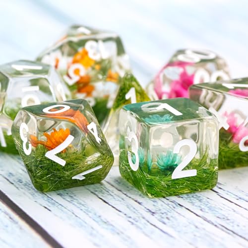 Handan Resin DND Dice Set Handmade Flower D&D Die Filled with Flowers and Grass for D&D Dungeons and Dragon Tabletop Games