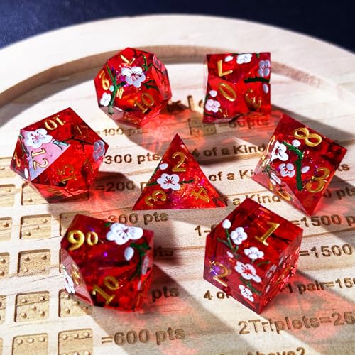 HAOMEJA Resin Flower Dice Set 7pcs/ Sharp Edged Polyhedral Dice/Apply to D&D/DND/RPG-MTG/Role Playing Table Game/Easter/Halloween Party Gift (Red & White Numbers) - color: 7 Red & White Numbers