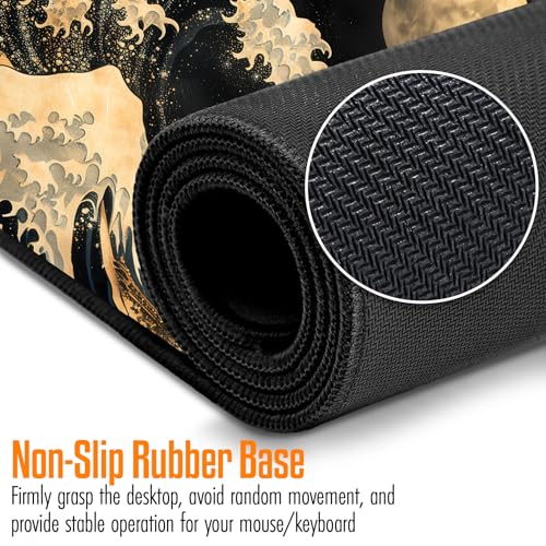 VNDL Large Japanese Black and Gold Gaming Mouse Pad, Sea Waves, Premium Non-Slip Anime Desk Pad for Office, Extended XL XXL Mouse Mat and Laptop Pad, Waterproof and Stiched Edges 31.5 x 15.7 in (wg1) - color: wg1