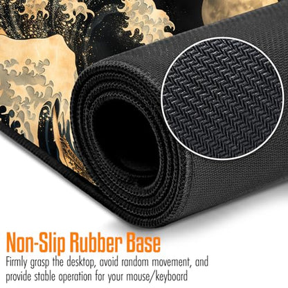 VNDL Large Japanese Black and Gold Gaming Mouse Pad, Sea Waves, Premium Non-Slip Anime Desk Pad for Office, Extended XL XXL Mouse Mat and Laptop Pad, Waterproof and Stiched Edges 31.5 x 15.7 in (wg1) - color: wg1