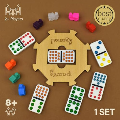 Queensell Mexican Train Dominoes Set Double 15 for Adults and Family, Mexican Train Double 15 Dominoes Set Colored Dot - 136 Tiles, 9 Trains, Wooden Hub, Aluminum Case (Double 15) - style: Double 15