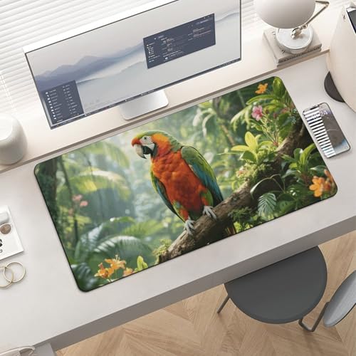 Waterproof Desk Pad Mouse Mat 24x12 Large Non-Slip Rubber Base Smooth Surface for Gaming Office Foldable Portable Rainforest Parrot Desk Protector for Laptop Keyboard Accessories