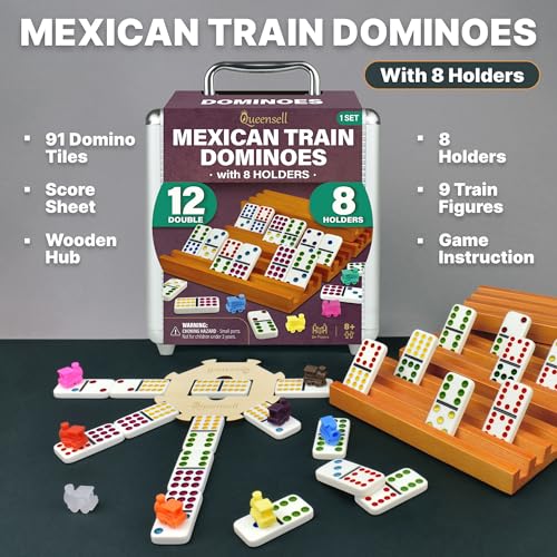 Queensell Mexican Train Dominoes Set with 8 Holders - Wooden Hub and Tiles Holders - Double 12 Tiles with Dots (D12 + 8 Holders) - style: D12 + 8 Holders